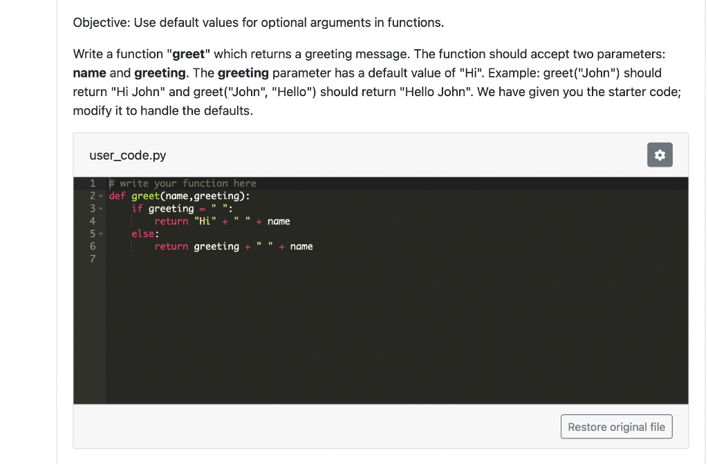 Objective: Use default values for optional arguments in functions. Write a