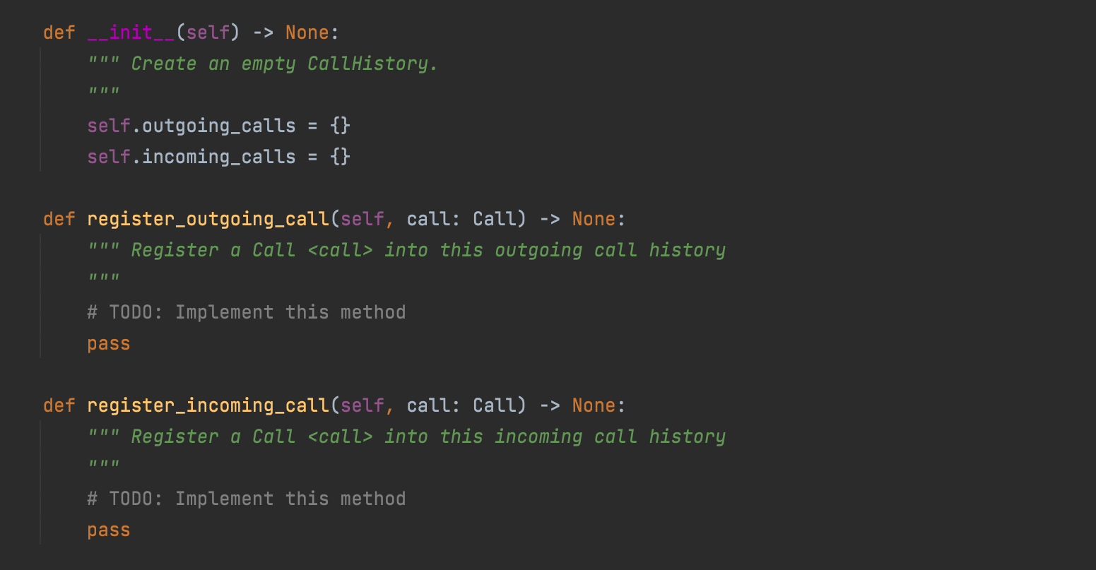 def __init__(self) -> None: III Create an empty CallHistory. self.outgoing_calls =