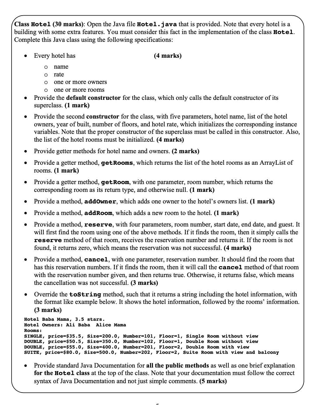 undefined Class Hotel (30 marks): Open the Java file Hotel.java that is