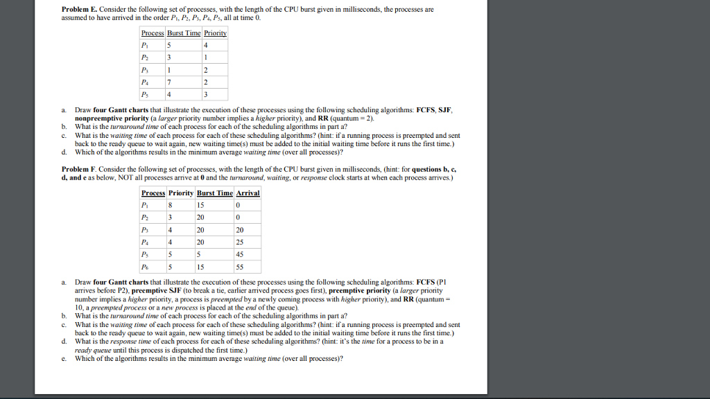 Please answer problem F Problem E. Consider the following set of processes,