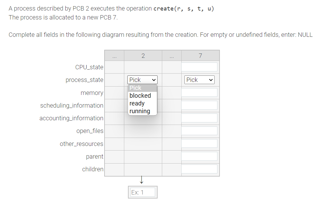  A process described by PCB 2 executes the operation create (r,s,t,u)