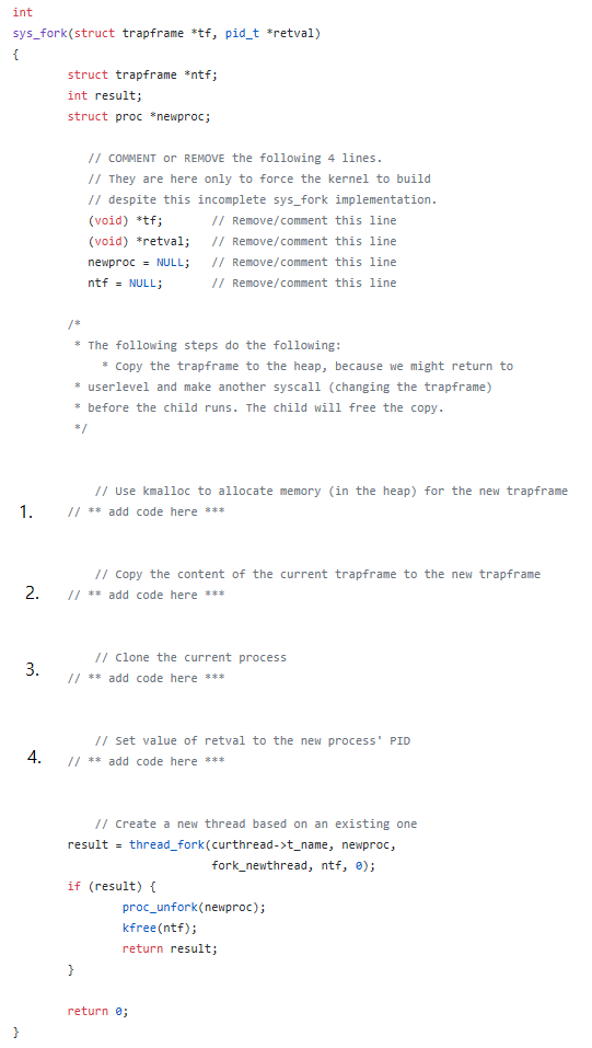 syscall fork() implement help: I need to add code for #1~4 in