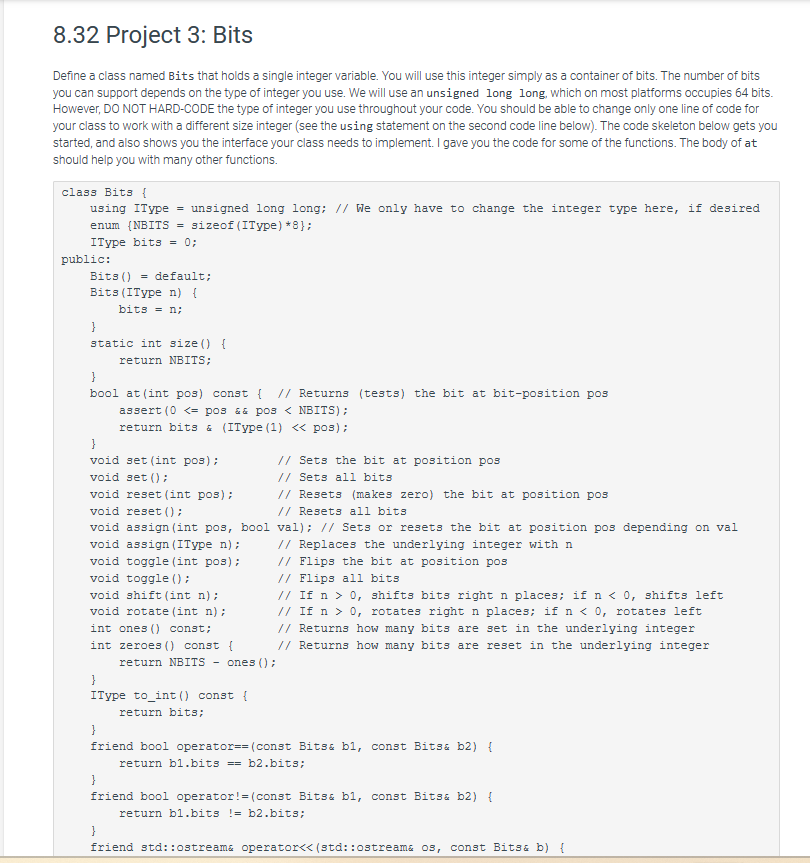  In c++ please 8.32 Project 3: Bits Define a class named