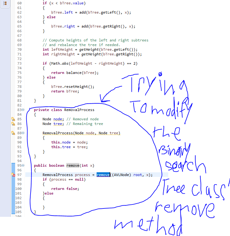 asks me to add a remove method to the AVLTree class that