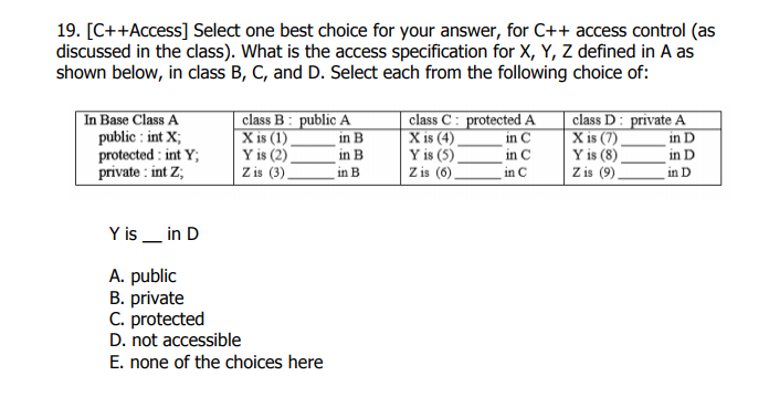 B, C, and D. Select each from the following choice of: class