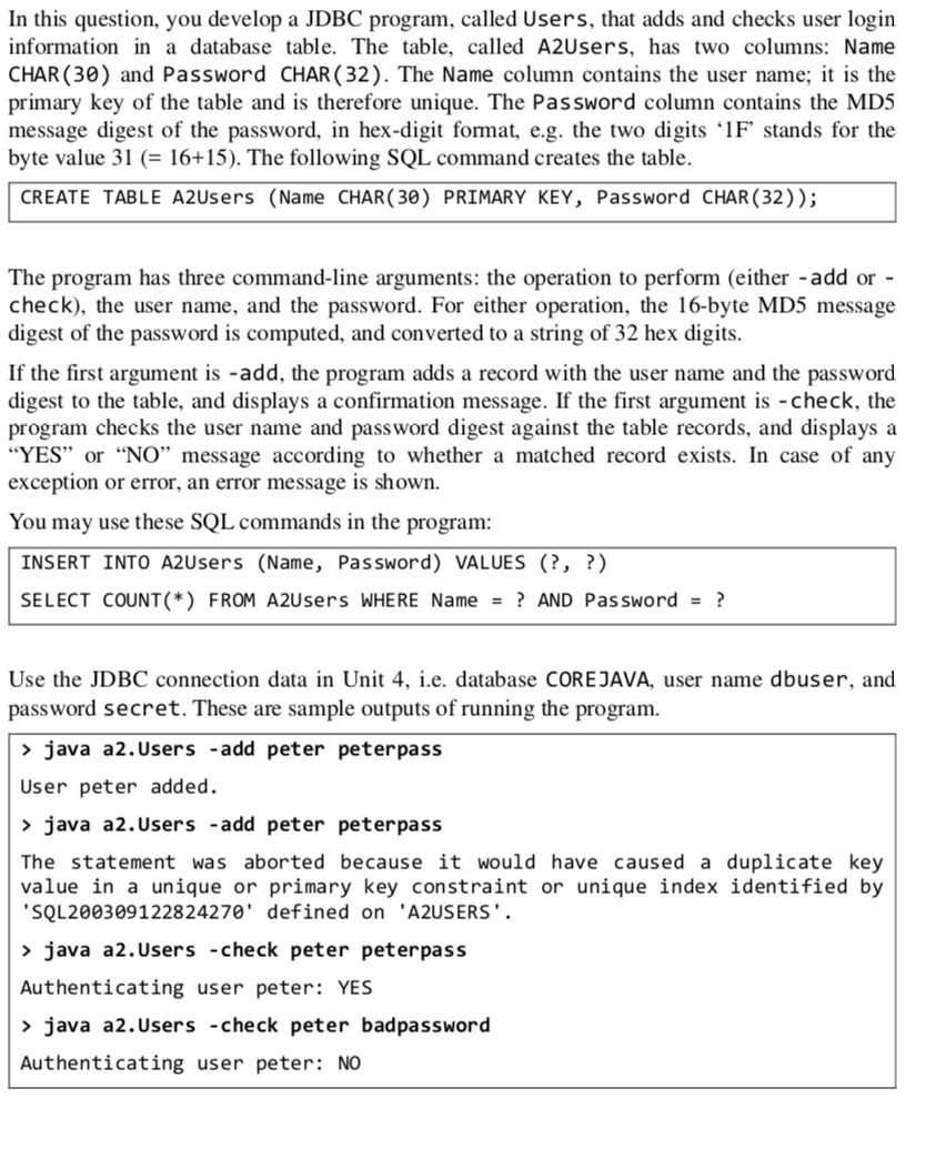 in this question, you develop a JDBC program, called Users, that