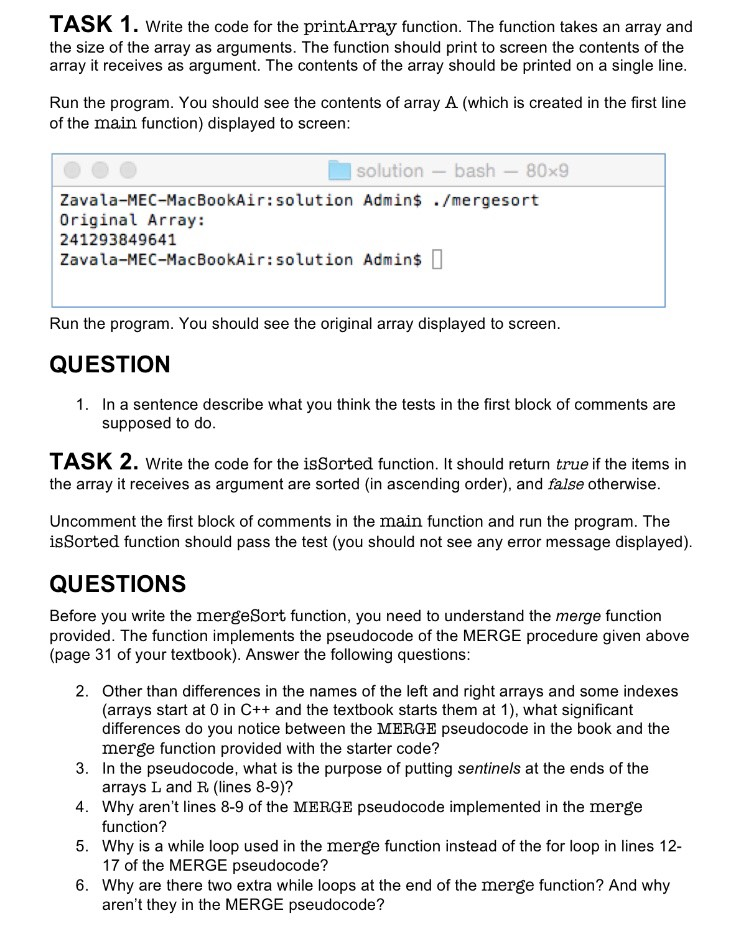 Need help with merge sort task! Please answer all the questions in