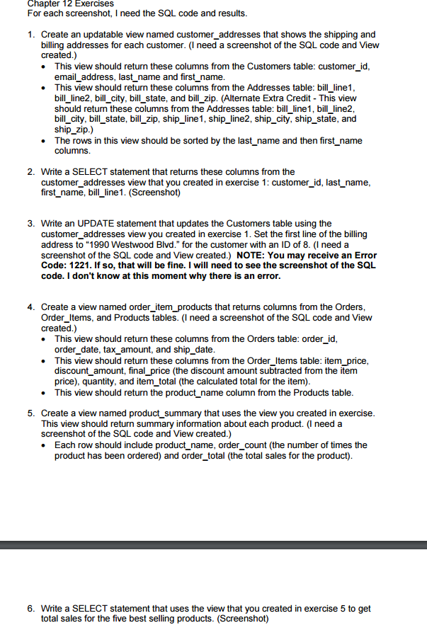  For each screenshot, I need the SQL code and results. Create