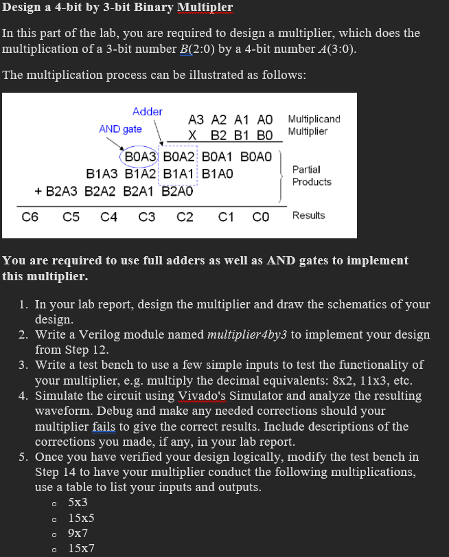  Design a 4-bit by 3-bit Binary Multipler In this part of
