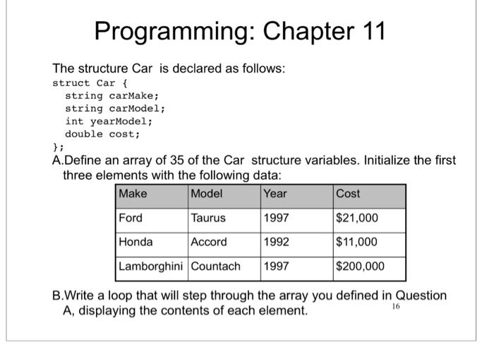  Programming: Chapter 11 The structure Car is declared as follows struct