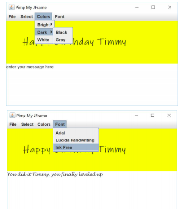 cardLayout to add 3 panels the user can select from Home, Congratulations
