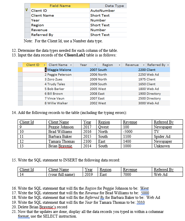  Field Name Data Type Client ID AutoNumber Client Name Short Text
