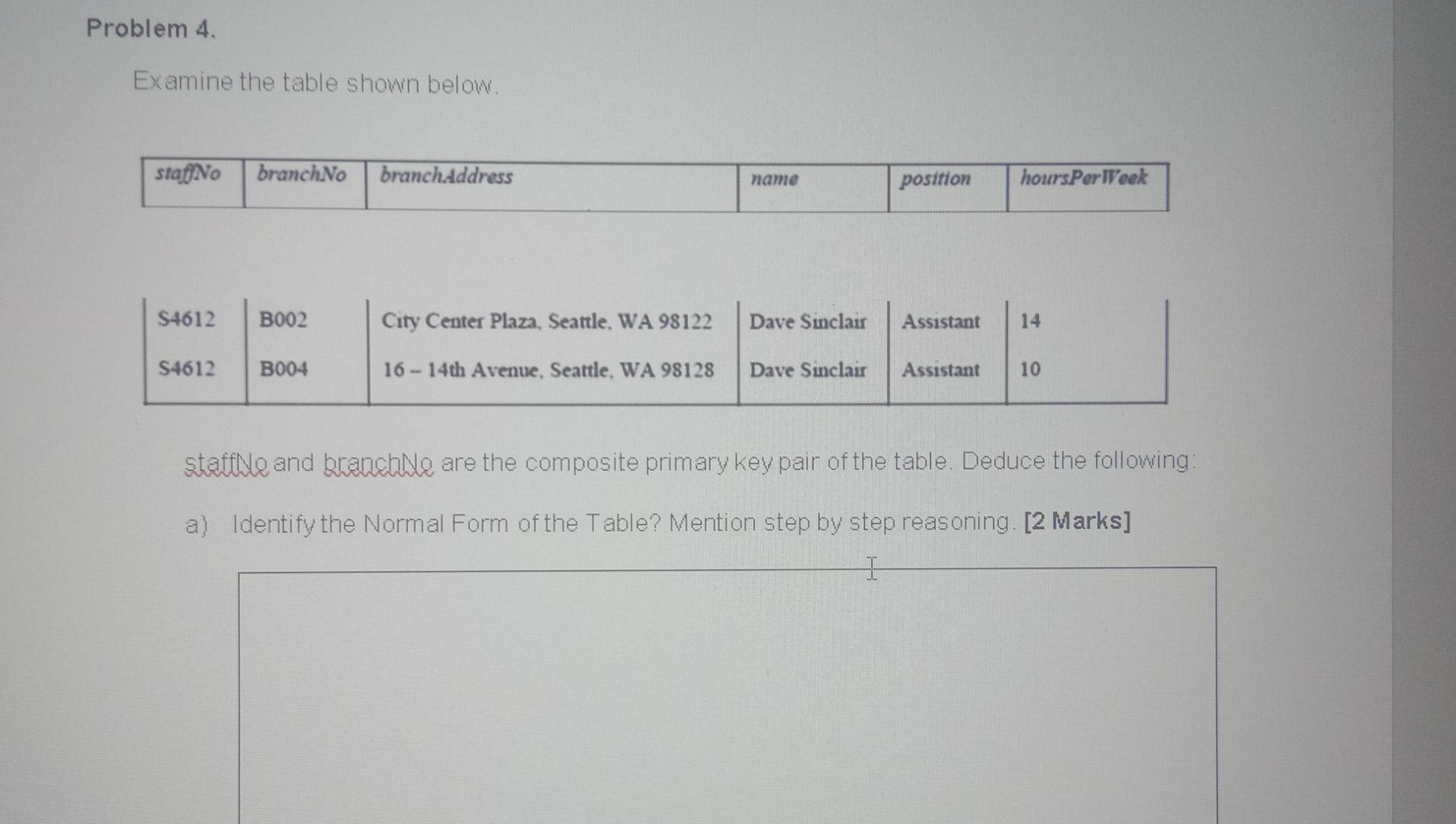  Problem 4. Examine the table shown below. staf No branchNo branchAddress