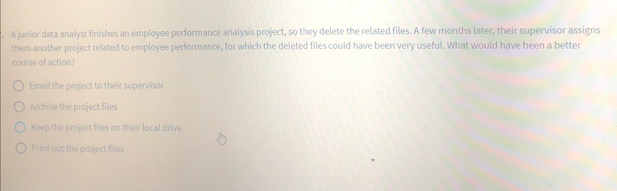  A junior data analyst finishes an employee performance analysis project, so