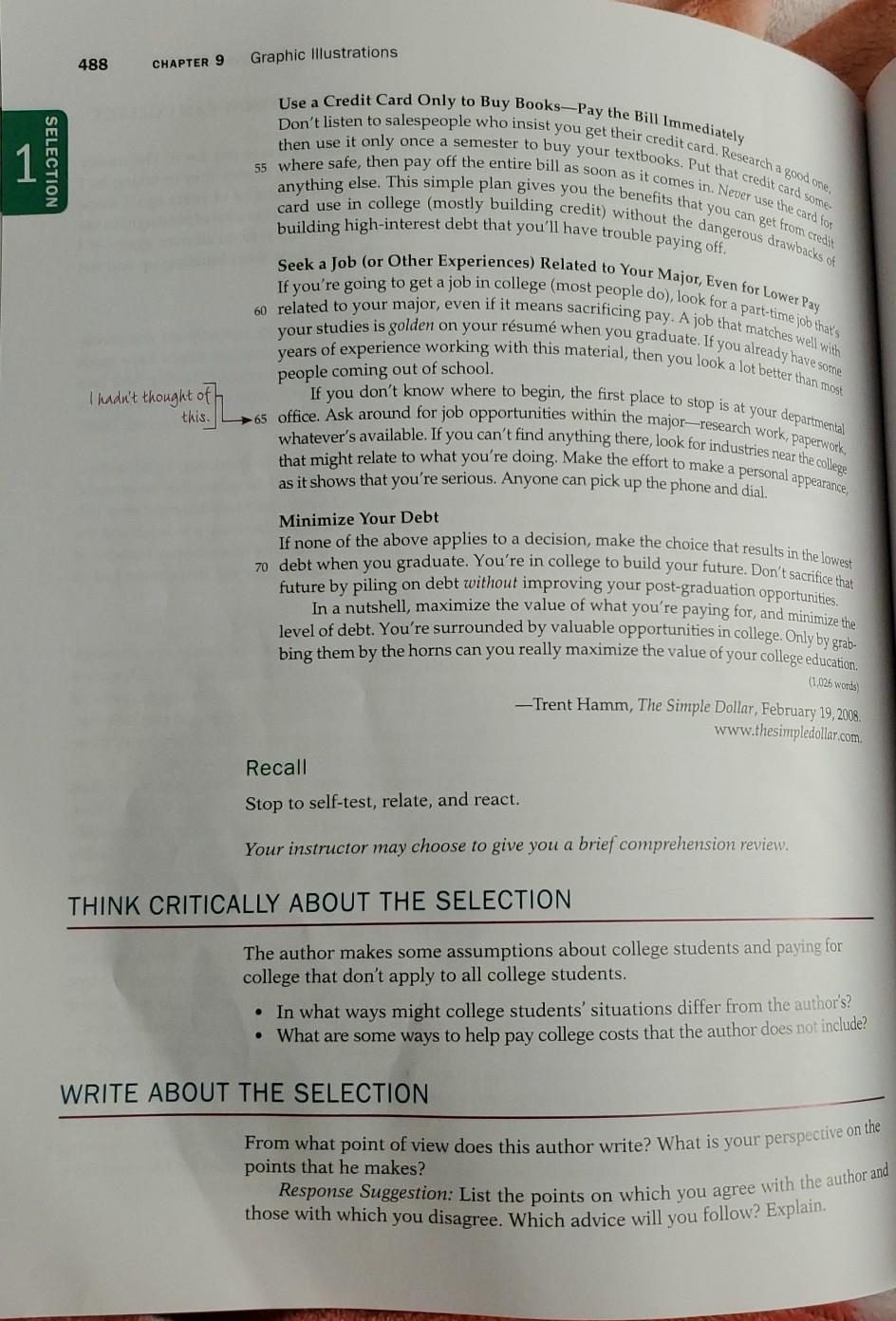 of this selection? b. The author regrets accumulating $35,000 in student loans.