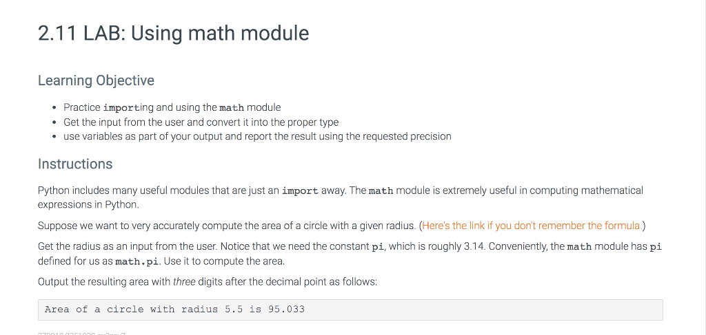  2.11 LAB: Using math module Learning Objective Practice importing and using