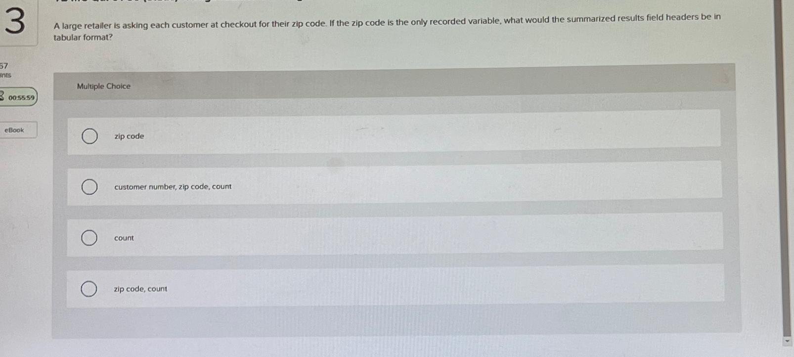  tabular format? Multiple Choice 005559 eBook zip code customer number, zip