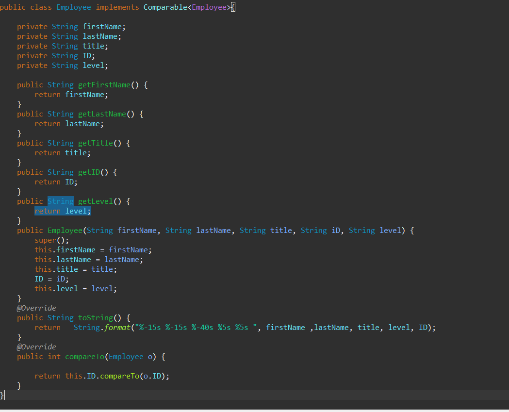  public class Employee implements Comparable] private String firstName; private String lastName;