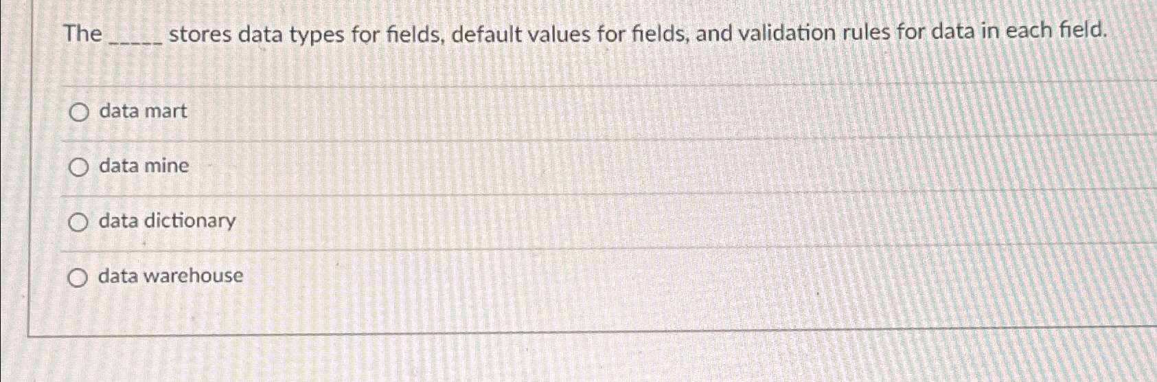  The stores data types for fields, default values for fields, and
