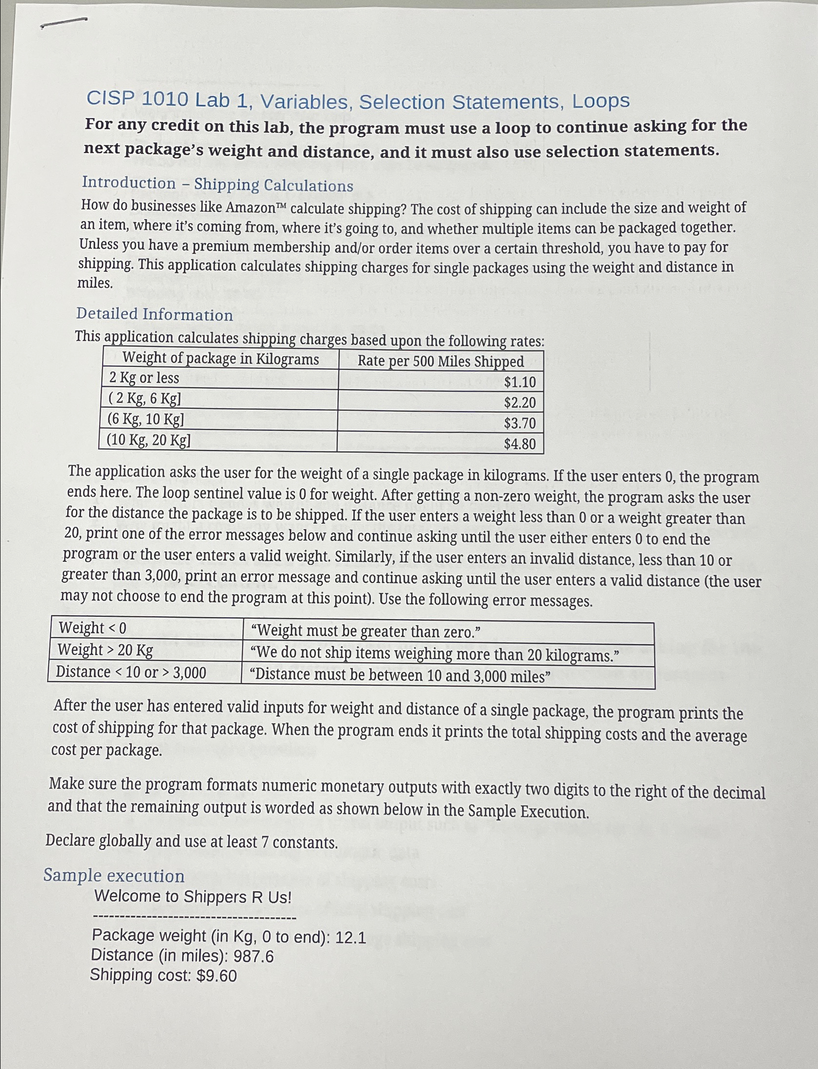  CISP 1010 Lab 1, Variables, Selection Statements, Loops For any credit