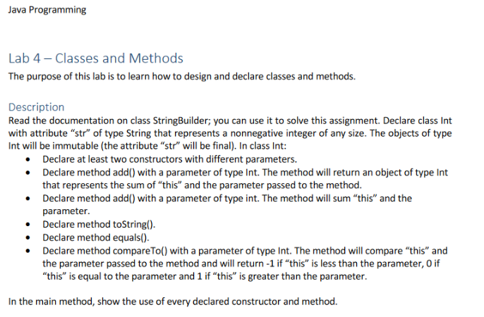  Java Programming Lab 4 - Classes and Methods The purpose of