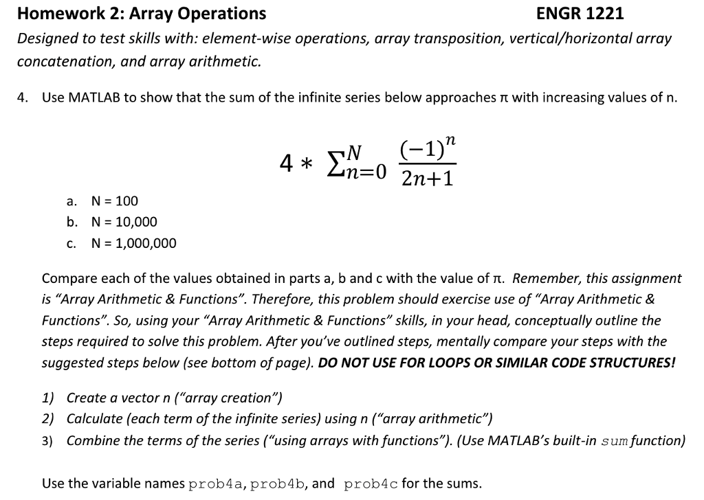  Matlab ENGR 122:1 Homework 2: Array Operations Designed to test skills