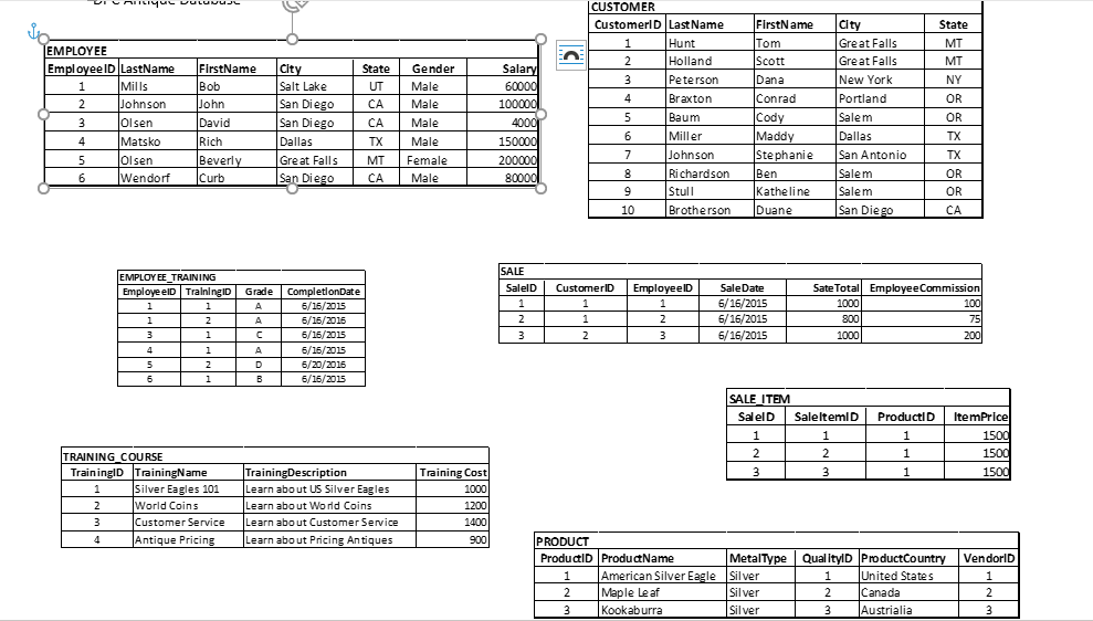 using microsoft SQL server the tables in the 'Antiques' Database are below,