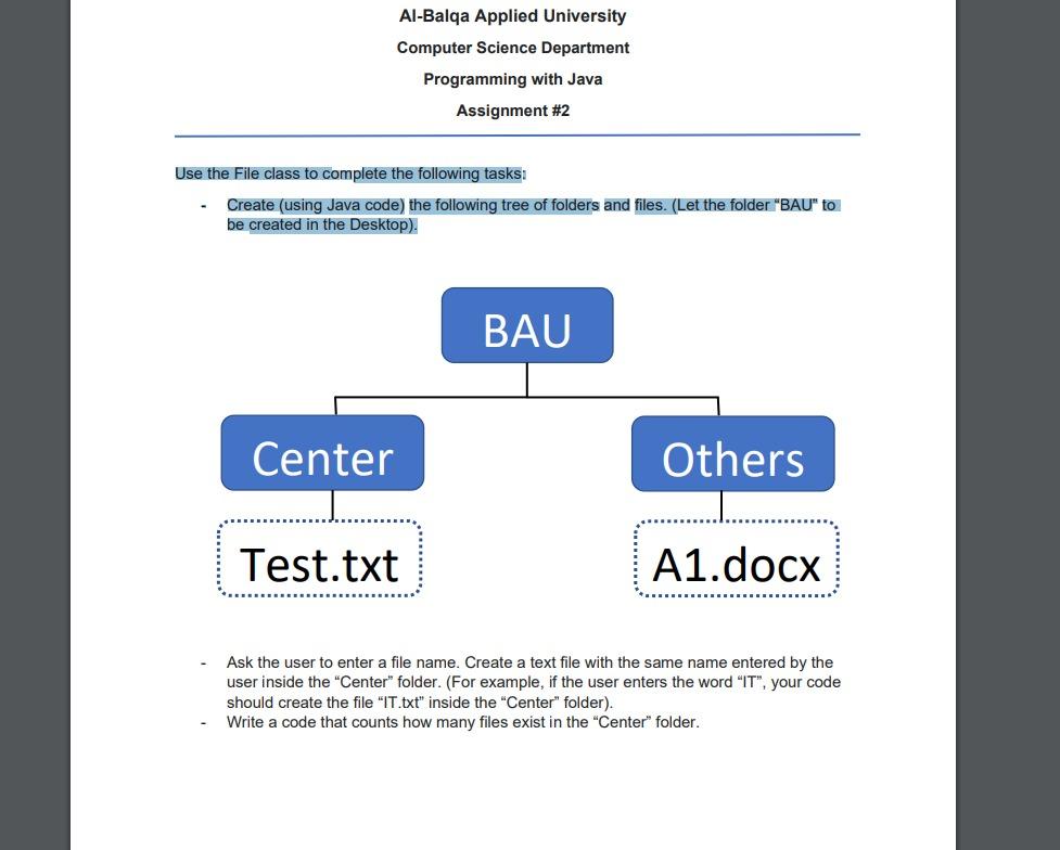 java languge Al-Balqa Applied University Computer Science Department Programming with Java Assignment