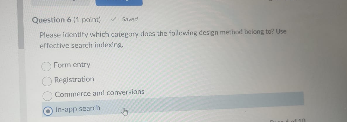  Question 6(1 point) Saved Please identify which category does the following