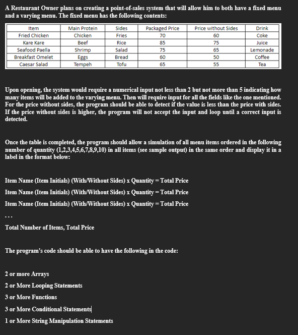 Create a program using c# A Restaurant Owner plans on creating