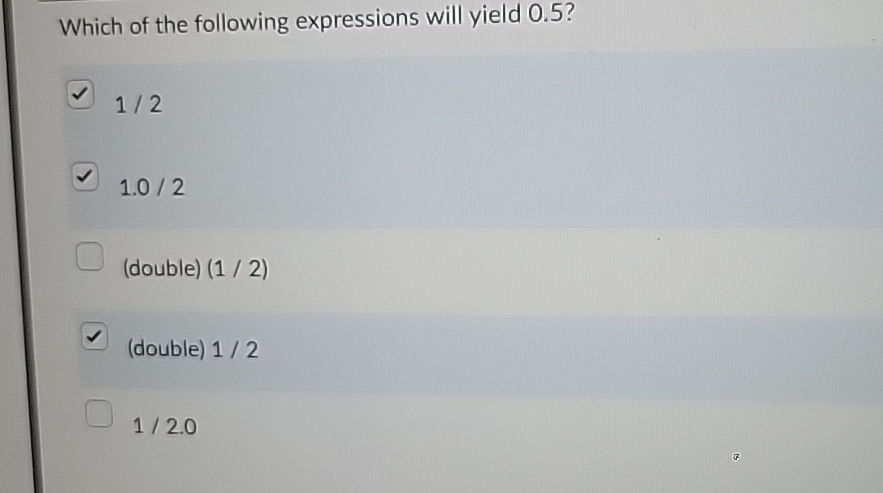  java script Which of the following expressions will yield 0.5? 12
