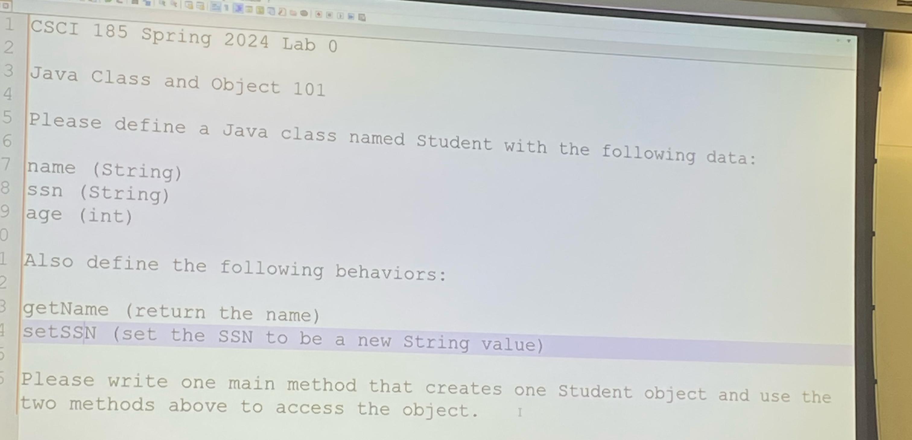  CSCI 185 Spring 2024 Lab 0 Java Class and Object 101