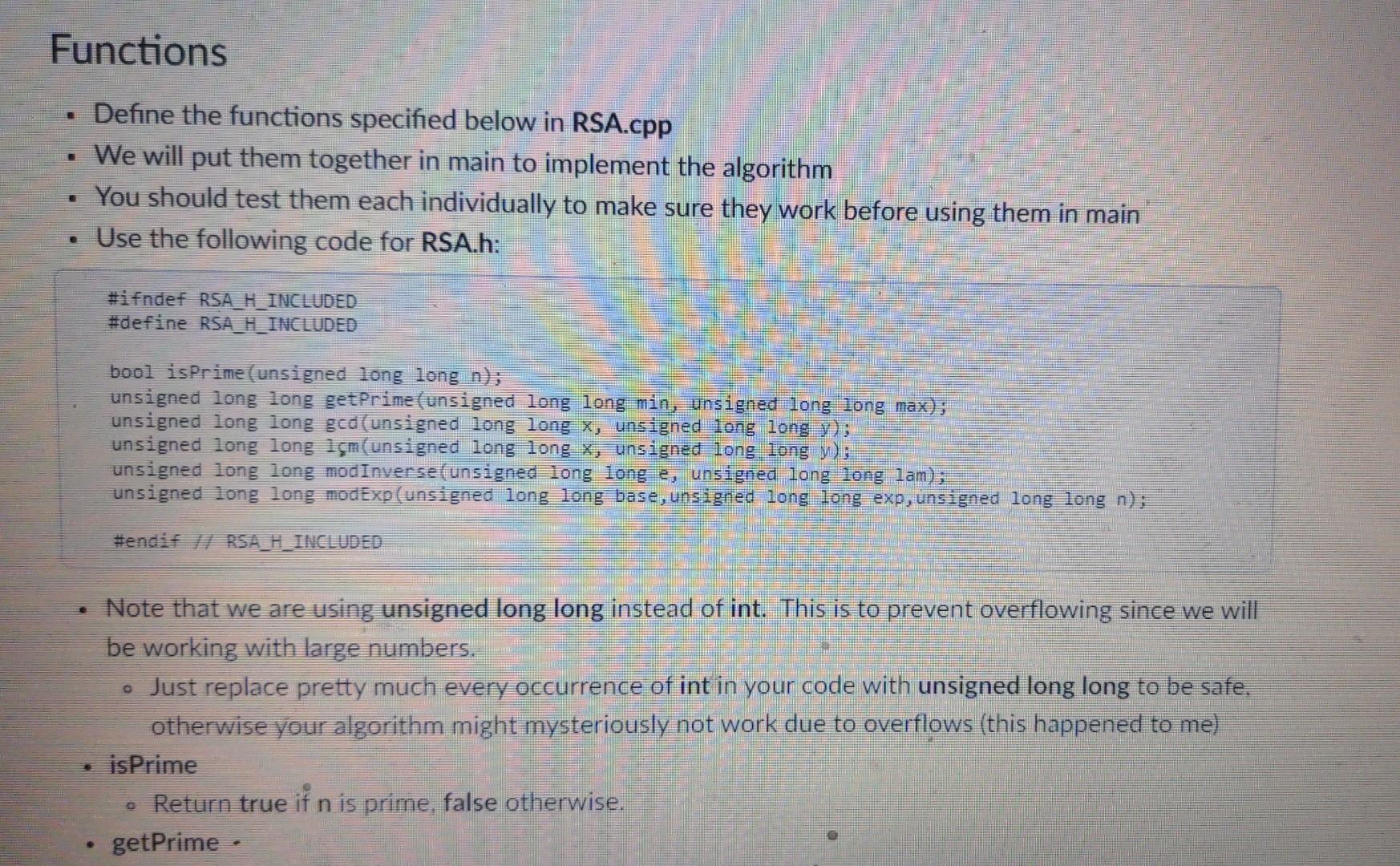C++ there must be a main.cpp,RSA.cpp and RSA.h please help me Functions