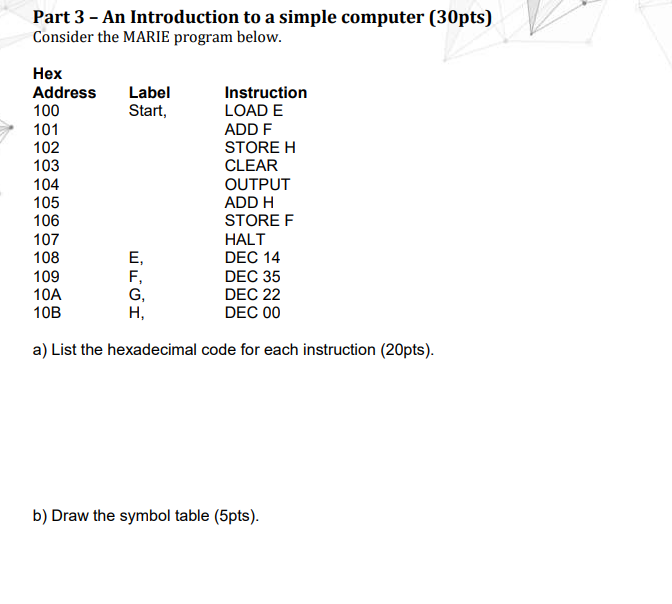 Part 3 - An Introduction to a simple computer (30pts) Consider