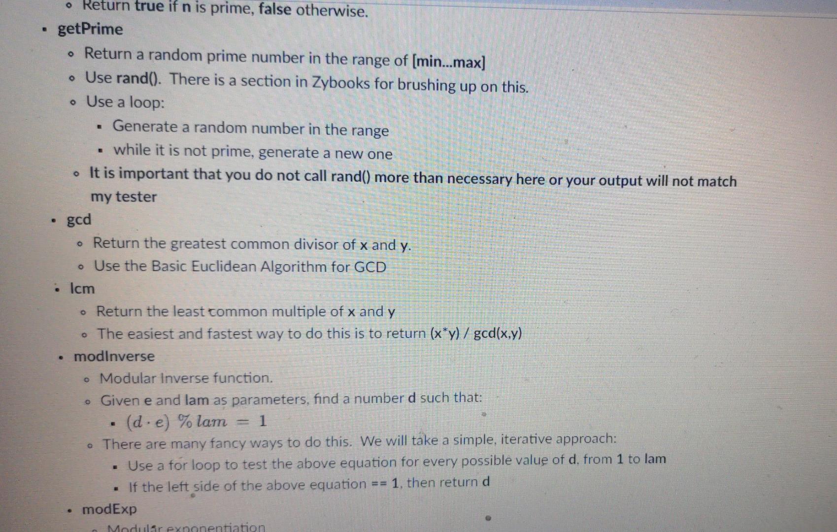 Define the functions specified below in RSA.cpp . We will put them