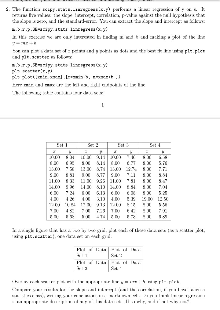  please help must be in python 2. The function scipy.stats.linregress(x,y) performs