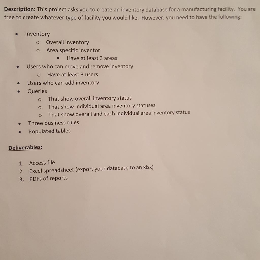 I need to create a database in MS Access for a manufacturing