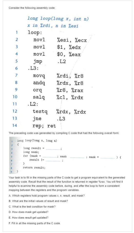  Consider the following assembly code long loop(long x, int n) x