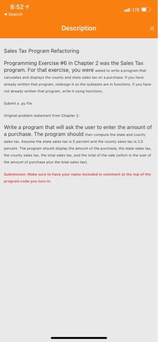  8:52 Search LTE Description Sales Tax Program Refactoring Programming Exercise #6