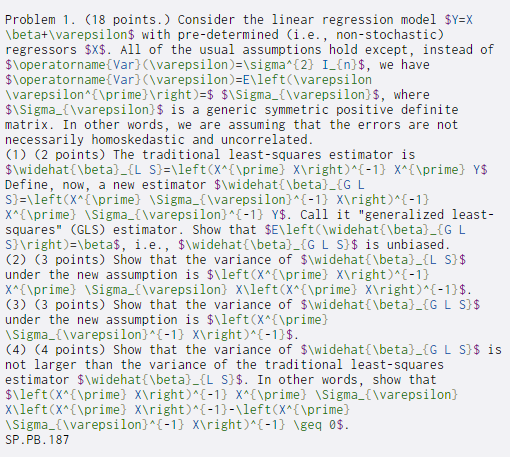  Problem 1. (18 points. Consider the linear regression model $Y=X \beta+\varepsilon$