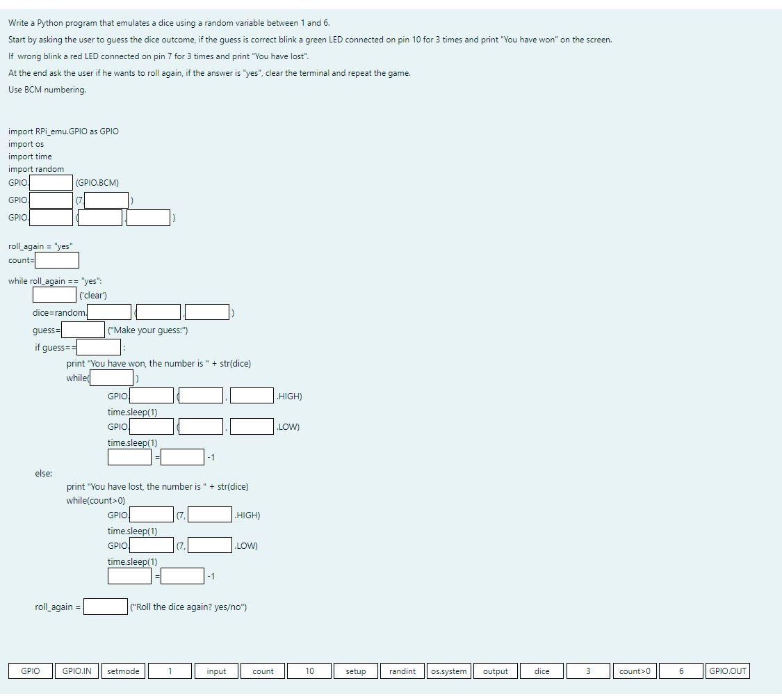  Write a Python program that emulates a dice using a random