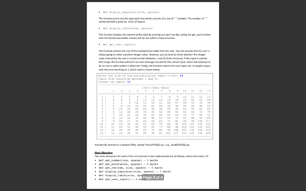 sized multiplication table between 1 to 20 (inclusive). A sample output (e.e,