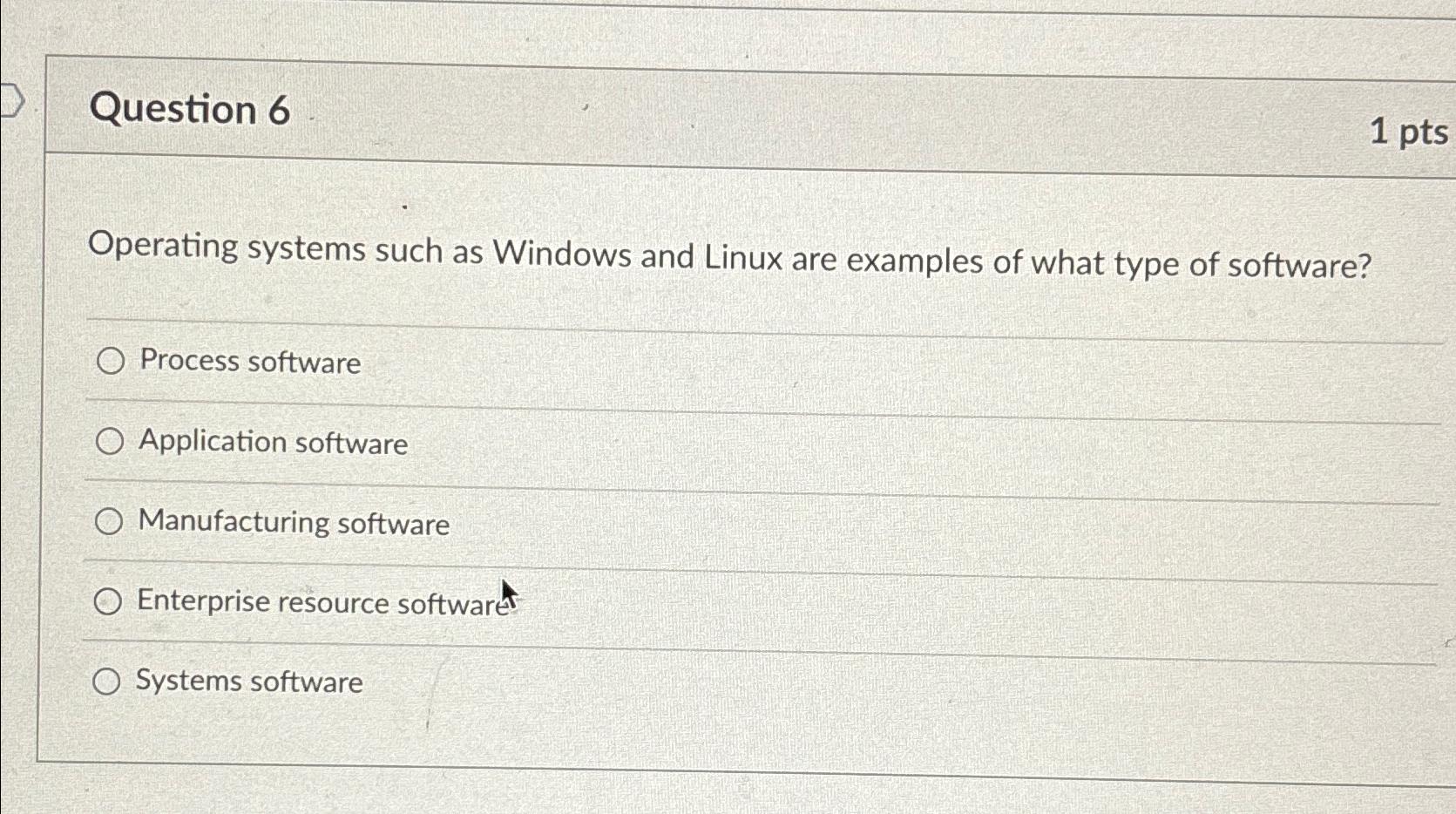  Question 6 1pts Operating systems such as Windows and Linux are