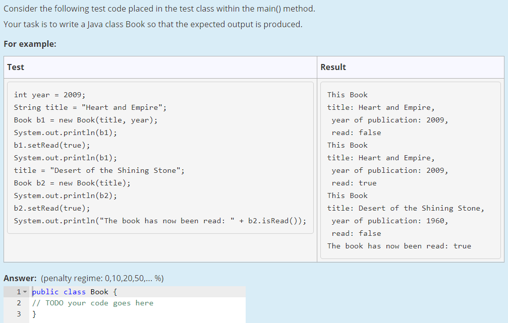 I have to write a Java class Book so that the expected