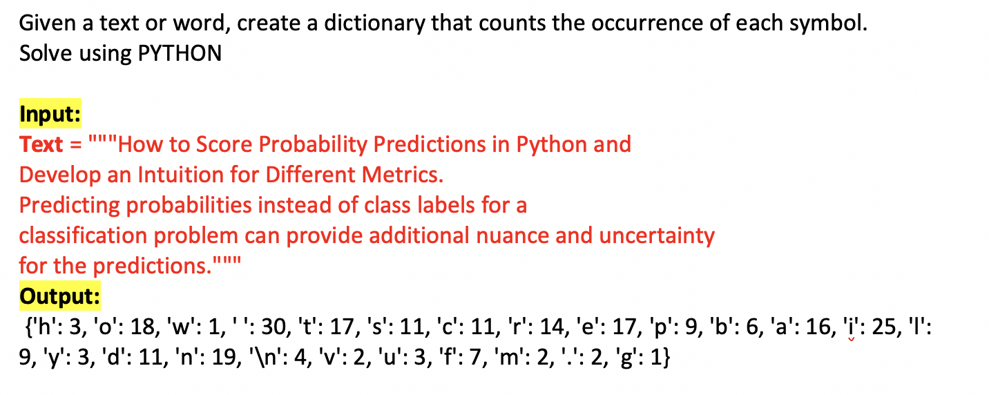 Given a text or word, create a dictionary that counts the