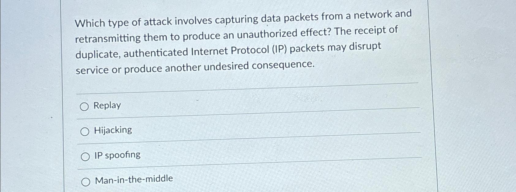  Which type of attack involves capturing data packets from a network