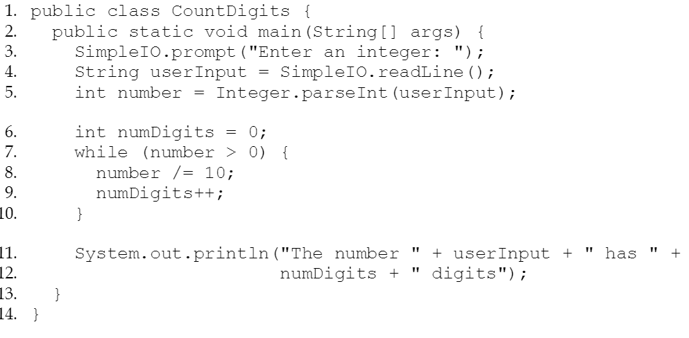 How many lexemes does the following Java code contain? Give the number