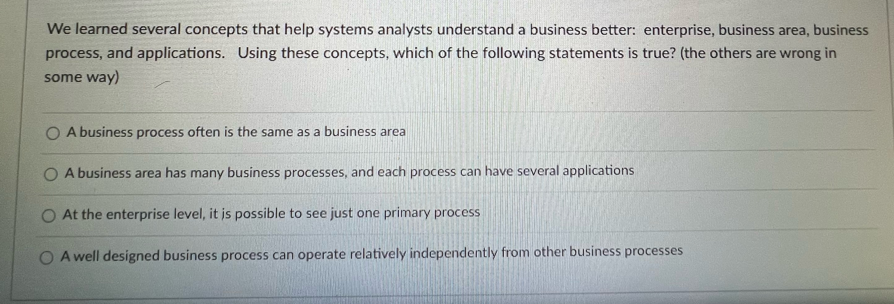  We learned several concepts that help systems analysts understand a business