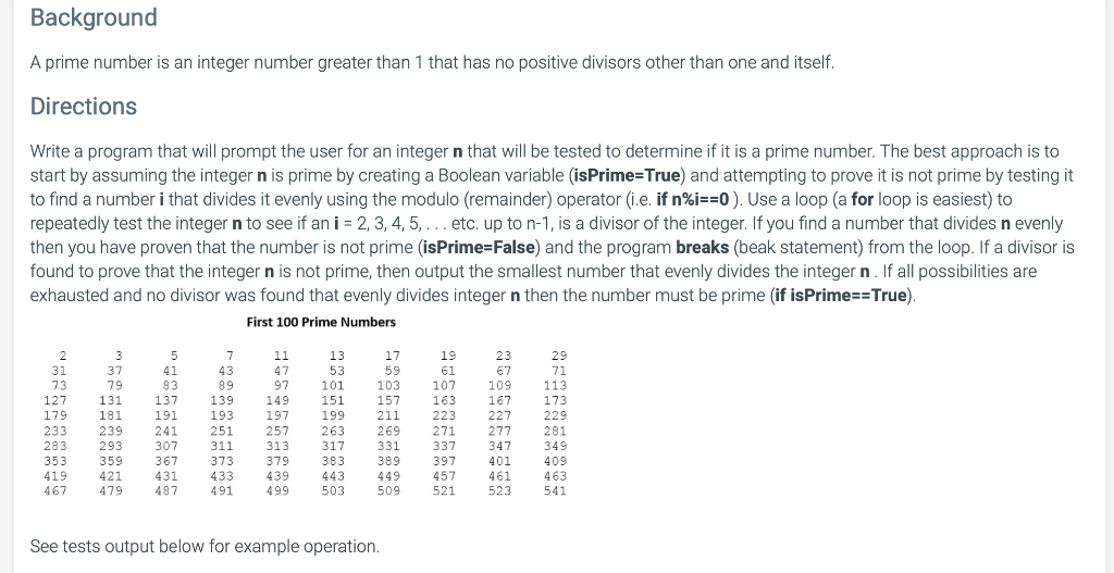  using c++ Background A prime number is an integer number greater