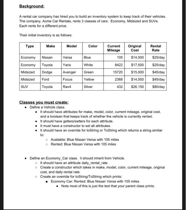 please answer in java Background: A rental car company has hired you